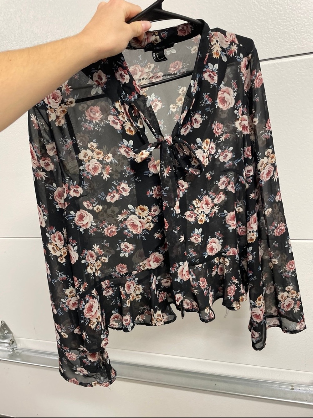 Floral Tie-Neck Sheer Blouse - Black with Pink Rose Print